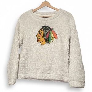 Chicago Blackhawks Sherpa Pullover Girls Large Cream Cozy Metallic Accent Hockey